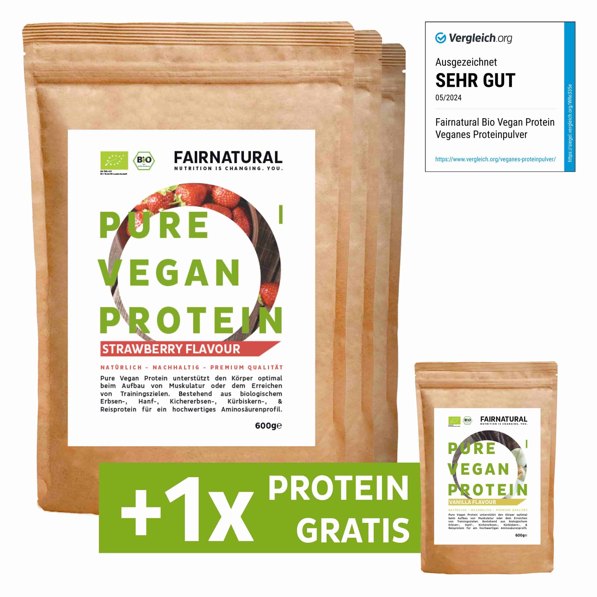 STARK LIMITIERTE PROBIERAKTION: Veganes Bio Proteinpulver 3er + 1x Bio Vegan Protein Vanille GRATIS
