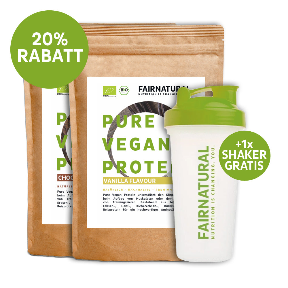 Zwei Fairnatural Bio-Proteinbeutel plus Gratis-Shaker im Kennenlernset